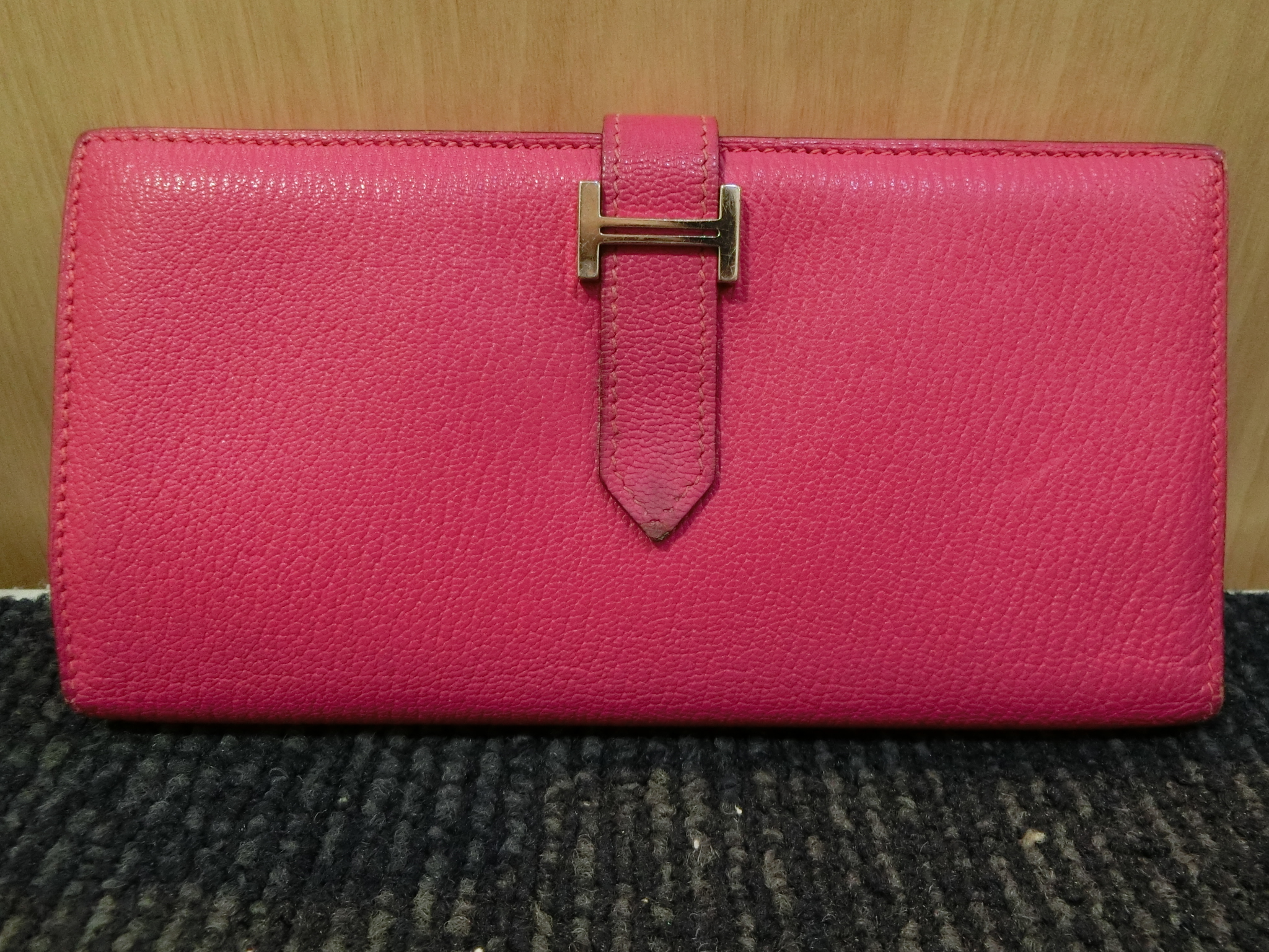 HERMES エルメス ベアン 三つ折り長財布 シルバー金具 シェーブル □K