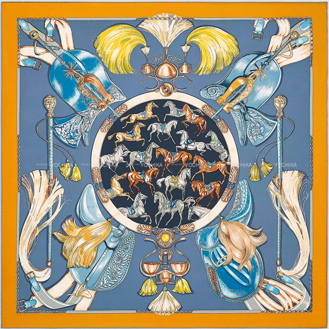 2022年秋冬新作 HERMES エルメス スカーフ カレ90 騎馬行進 オークル