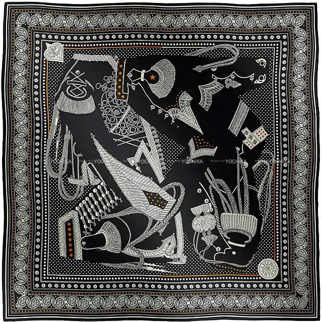 2023年 秋冬 HERMES エルメス スカーフ カレ140 ズアヴとドラゴン 黒