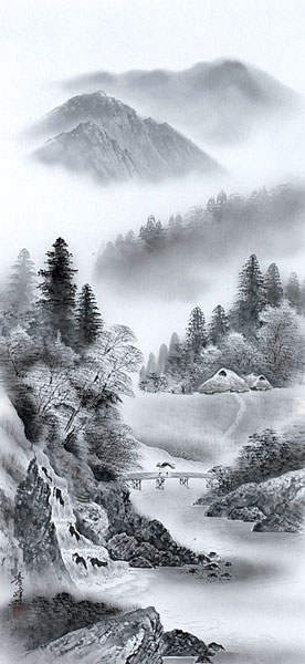 真作】掛軸 墨濃淡に浮かぶ幽玄山水 静謐なる山岳風景掛軸 合箱入 T54