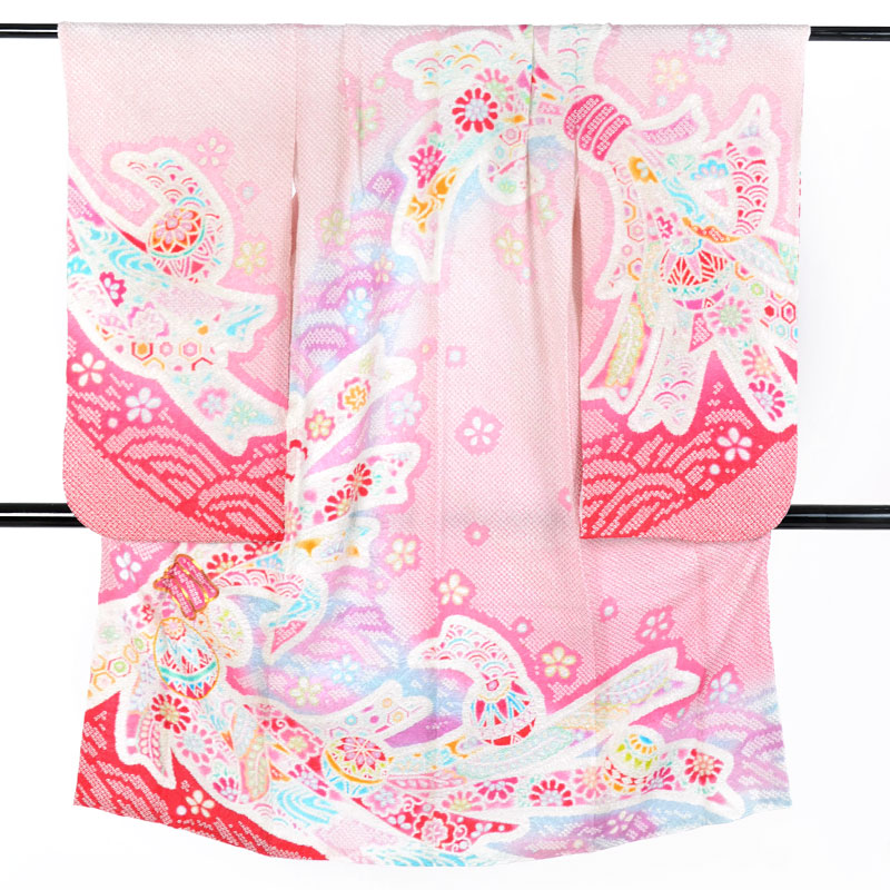 七五三七歳四つ身：N079 【正絹】淡ピンク 総絞り 熨斗束に手毬