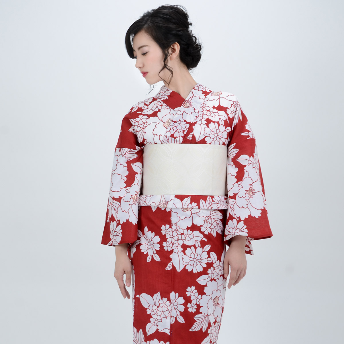 浴衣: YK019 hiromichi nakano 臙脂 牡丹に桜草 | 京都着物レンタル夢館