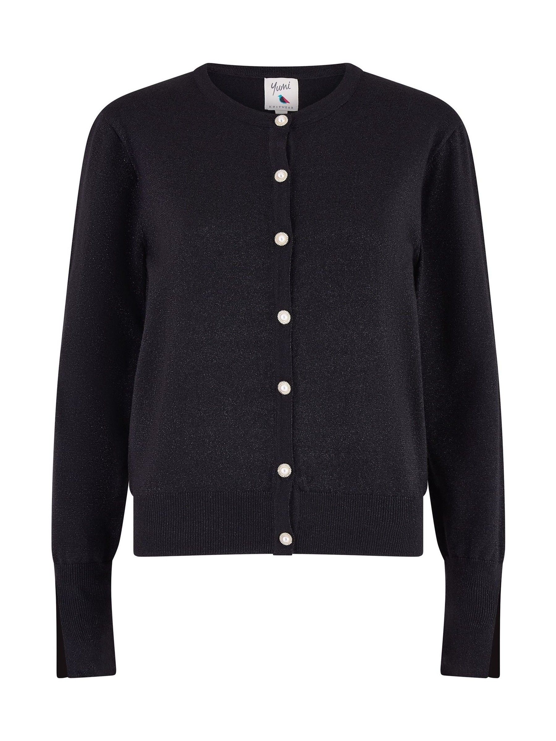 Buy Yumi Black Metallic Knit Cardigan With Pearl Button Details