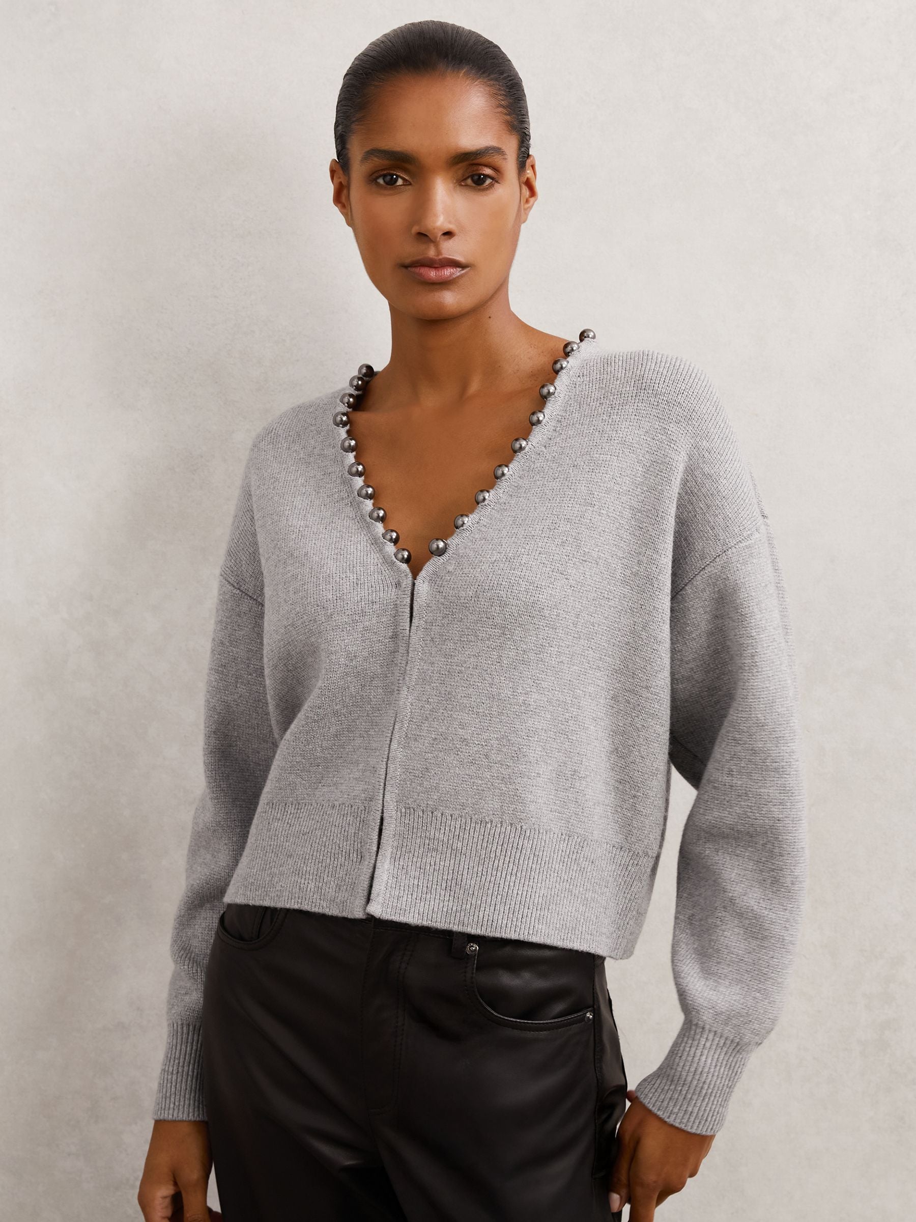 Buy Reiss Grey Sadie Wool-Blend Beaded-Trim Cardigan With Cashmere