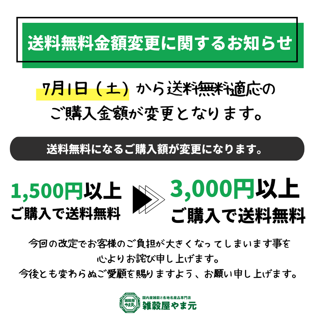 送料無料対応のご購入金額変更と一部商品価格の改定に関するお知らせ