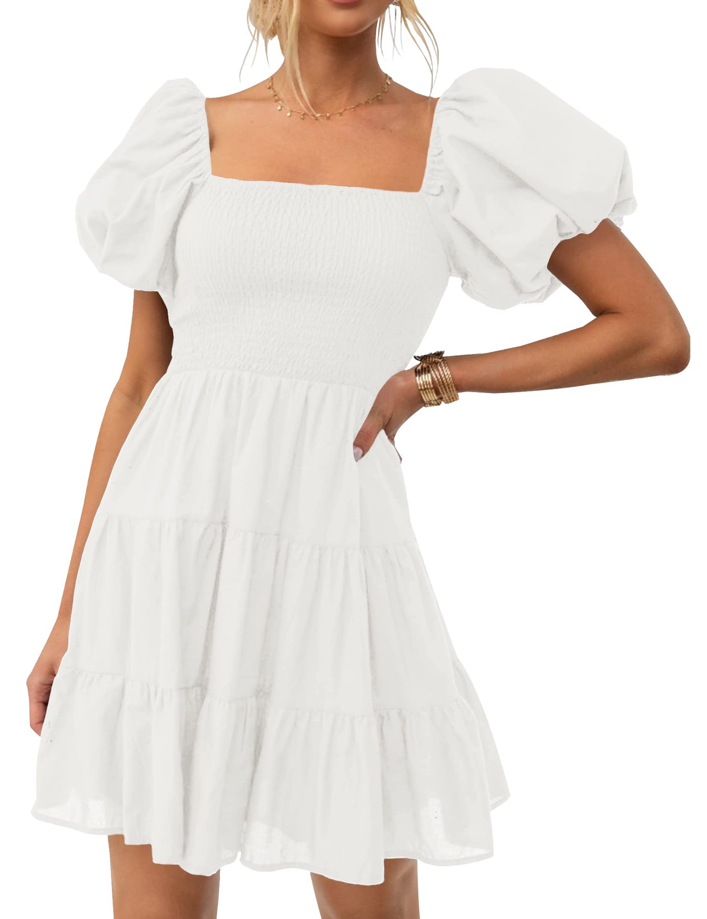 ZESICA Off Shoulder Square Neck Puff Sleeve Smocked ini Dress – zesica