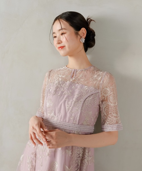 Kana ドレス シック フラワー刺繍 ラダーレース フレア パーティー
