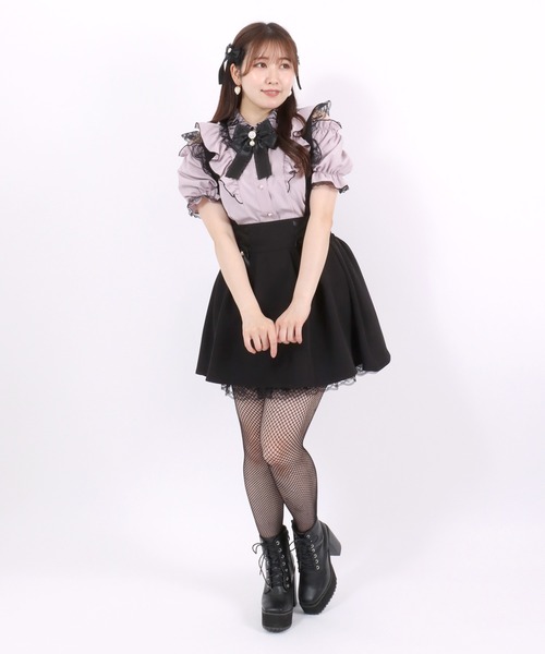 スカート 肩フリルレースサスペンダー ミニリボンフレアミニスカート