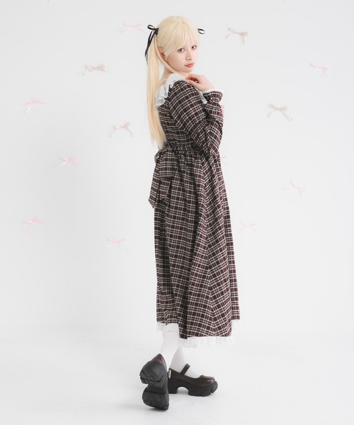 美品⭐︎ローズティアラ46】チェックパイピング長袖ワンピース Dress
