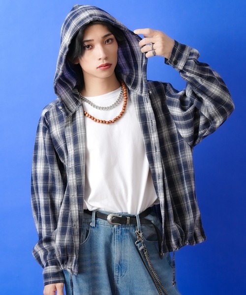 シャツ a.p.o.v. チェック柄クロップ丈ドフードネルシャツ メンズ