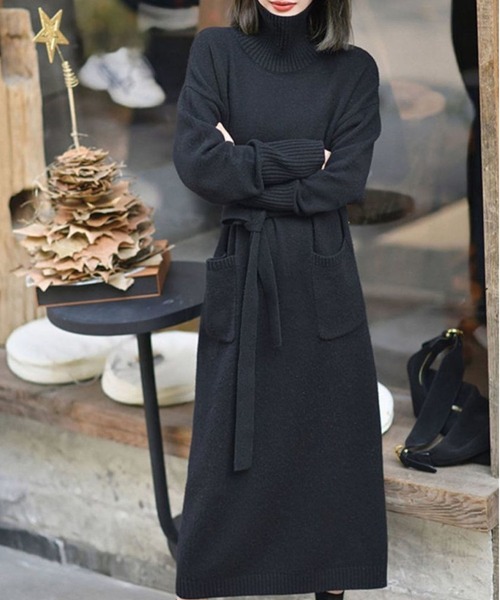 BLANC FICELLE ワンピース ウエストベルト ハイネック ワンピース