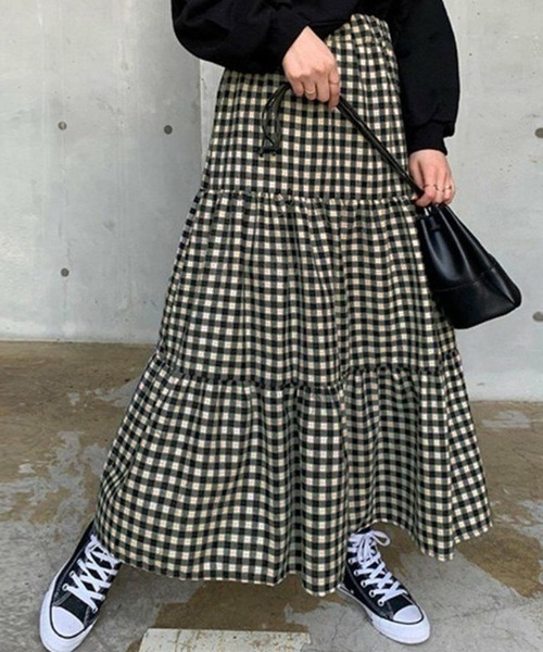DAY CLOSET スカート 大人ギンガムチェックロングティアードスカート