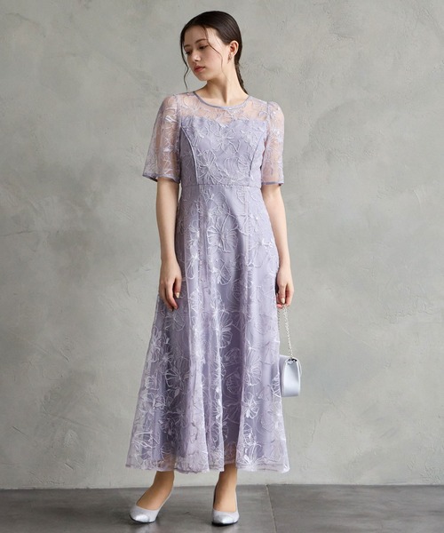 AIMER（エメ） ドレス フラワーモチーフスパンコール刺繍ミモレ丈袖