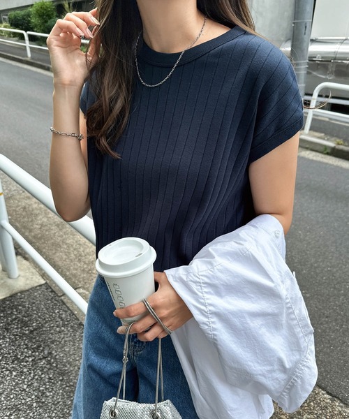 andme（アンドミー） tシャツ コットンフライスフレンチスリーブリブ