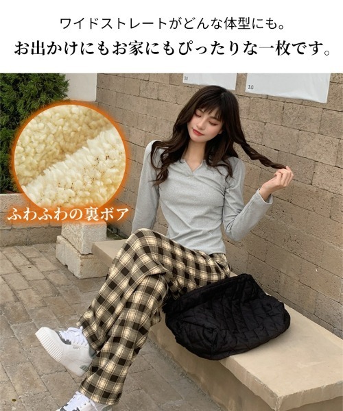 SEU パンツ レディース チェック柄ツイルストレートワイドパンツ 裏