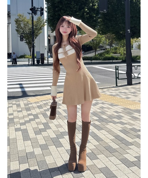 Darich（ダーリッチ） ワンピース リボンファーフレアニットミニ