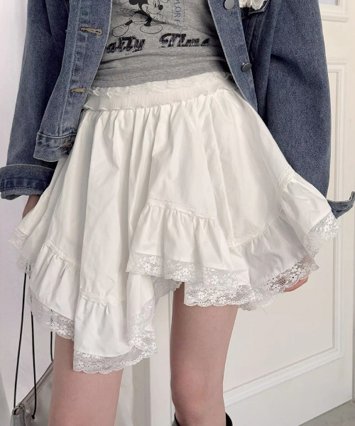 REMUR スカート 裾レースアシンメトリーフリルミニスカート : ZOZOTOWN
