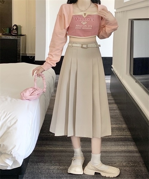 FREE STYLISTS スカート フロントプリーツロングスカート ベルト付け2
