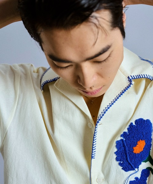Camphor wood シャツ flower embroidery SAGARA h/s shirt / サガラ花