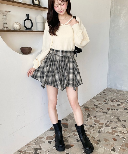 moment+ スカート ベルト付きアシメヘムタックプリーツチェック柄ミニ