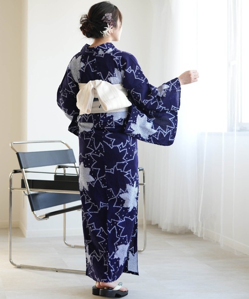 □夏涼浴衣 有松絞り 花柄 藍色 身丈約156.5cm □夏涼浴衣 有松絞り 花