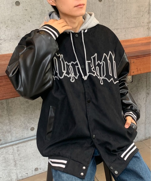 フラッシュリポート 袖革レザー ロング スタジャン ブラック 黒 L link