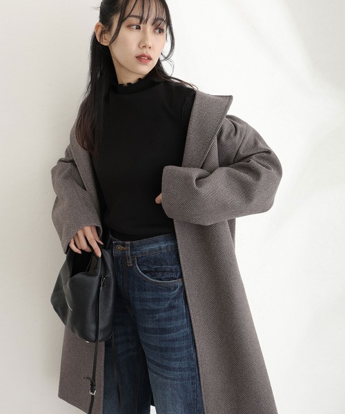 ElegChic コート チェスターコート 家で洗えるヘリンボーン柄 コート