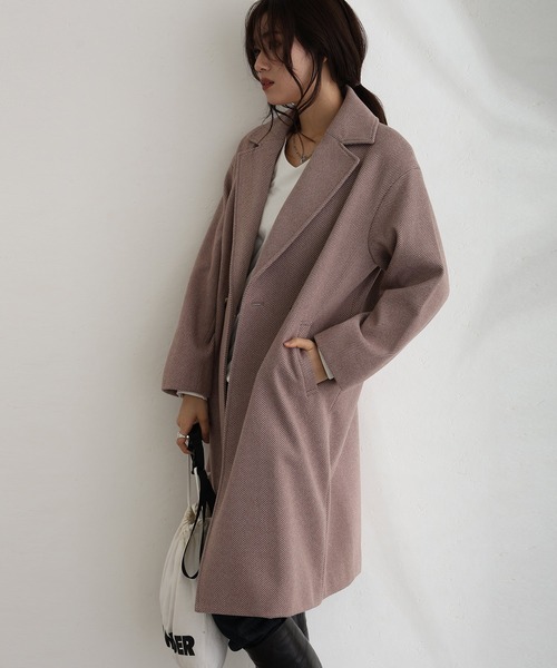 ElegChic コート チェスターコート 家で洗えるヘリンボーン柄 コート