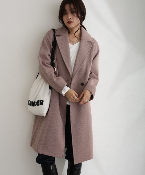 ElegChic コート チェスターコート 家で洗えるヘリンボーン柄 コート