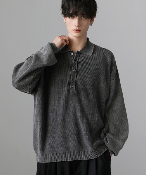 セーター ニット ピグメント加工片畦ヘンリーネックニット メンズ