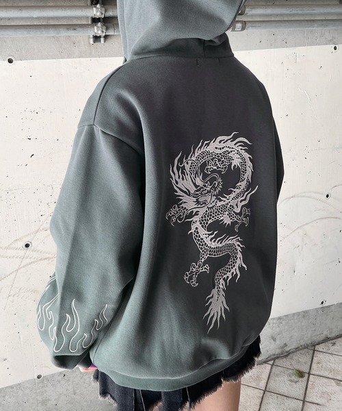 パーカー 「裏起毛」ドラゴン刺繍ビッグZIPパーカー レディース メンズ