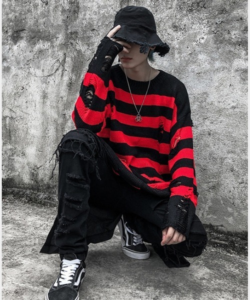 セーター ニット /WARAIJOGO/ダメージ加工オーバーサイズボーダー