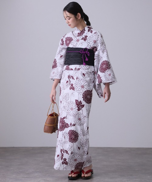 yulie 浴衣 大人浴衣2点セット洗える 綿麻帯 兵児帯 女性 黒 選べる