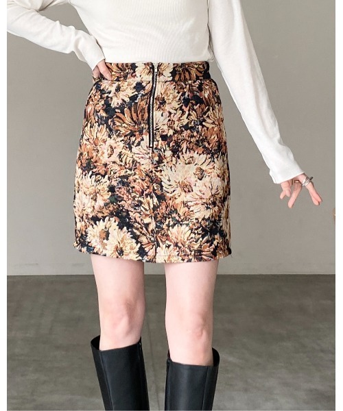She's Closet スカート チェック＆ゴブラン花柄フラワー台形ジップミニ