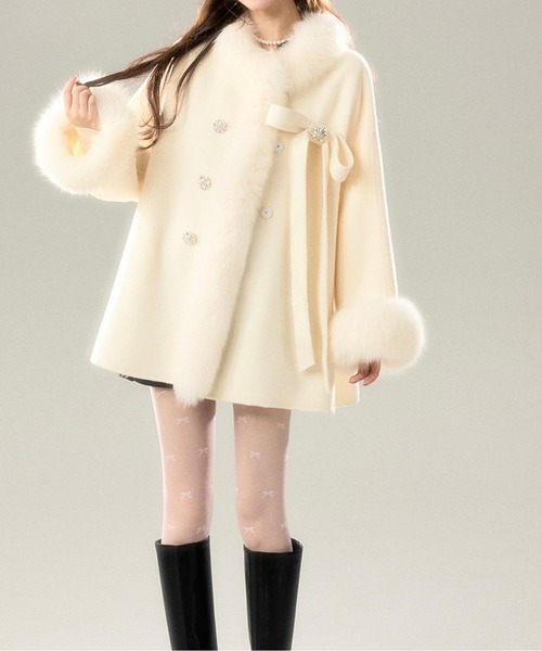 LUCPY コート アウター リボン付きファーフレアショートコート