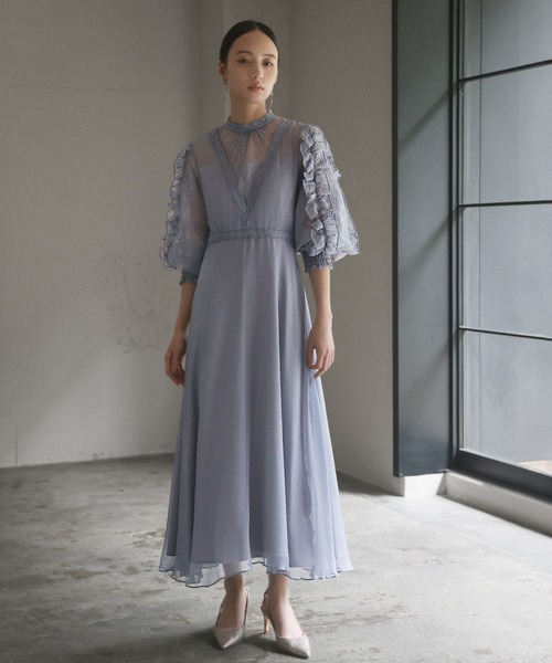GIRL DRESS FOR NOW ドレス 袖フリルレース切替え フレア ロング 結婚