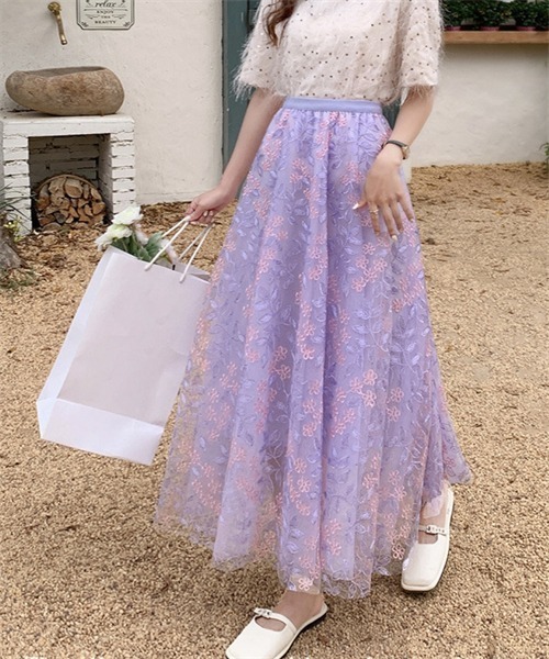 FREE STYLISTS スカート 春夏新作 上品な刺繍レーススカート