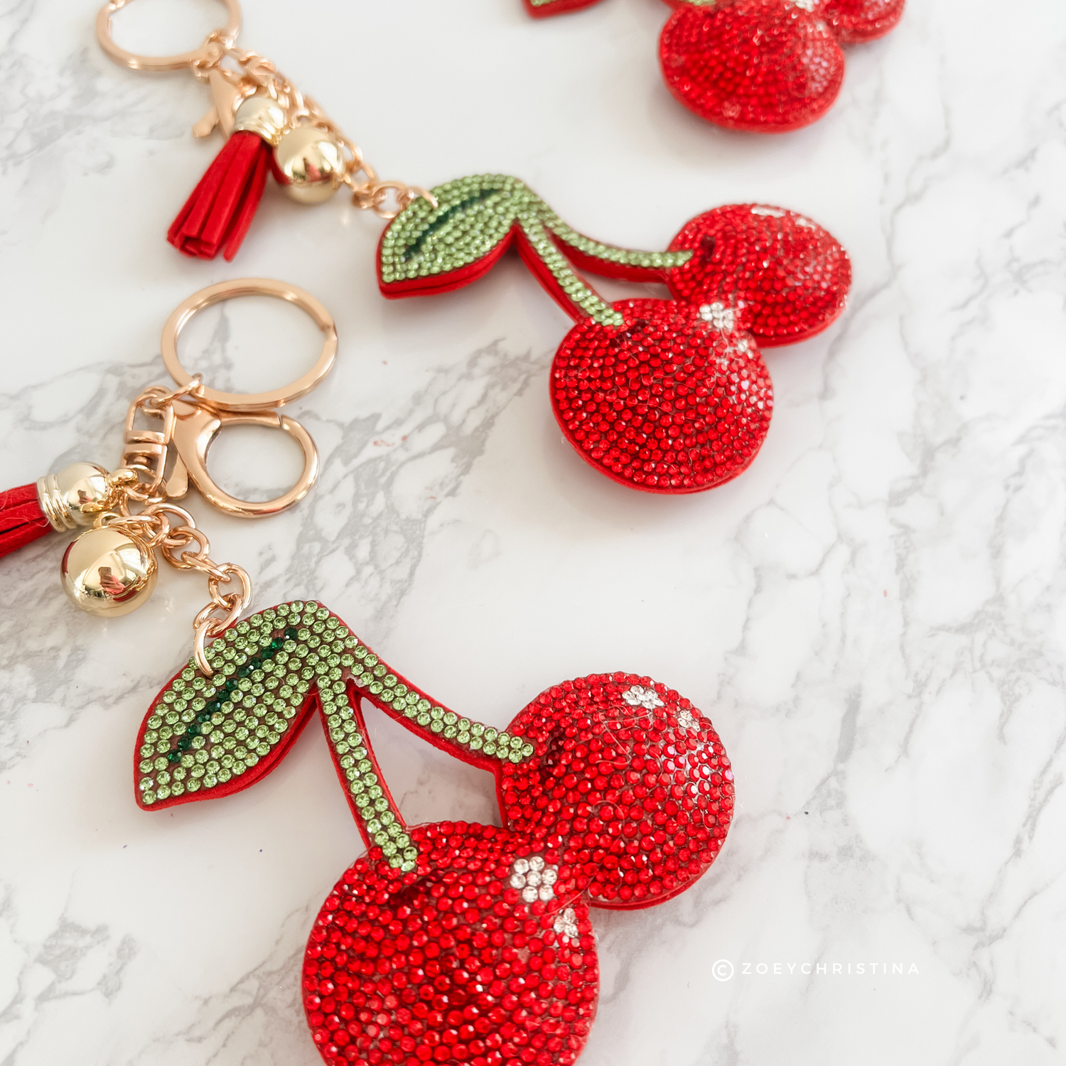 Cherry Rhinestone Keychain – Cute Bag Charm, Gift for Her, Keyring
