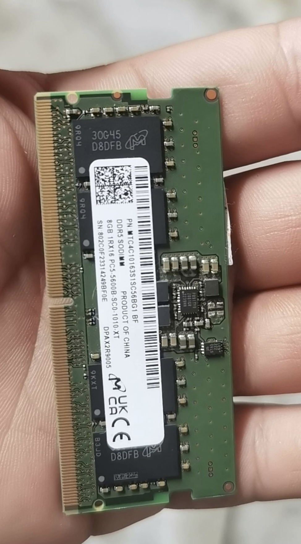 Micron DDR5 SODIMM 8GB 5600MHz Laptop Memory 8GB 1RX16 PC5-5600B