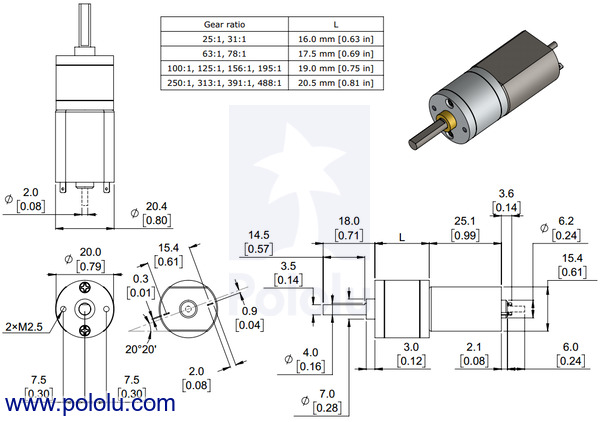 Pololu - 250:1 Metal Gearmotor 20Dx46L mm 12V CB