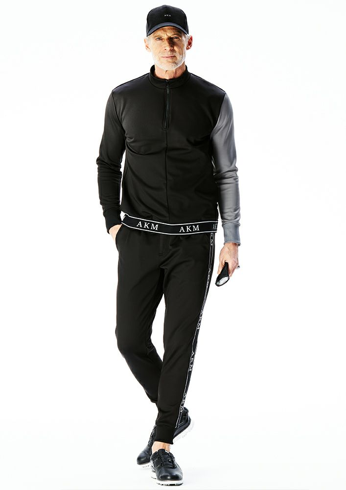 AKM GOLF】4WAY STRETCH ACTIVE JERSEY L/S HALF ZIP STAND -BLACK