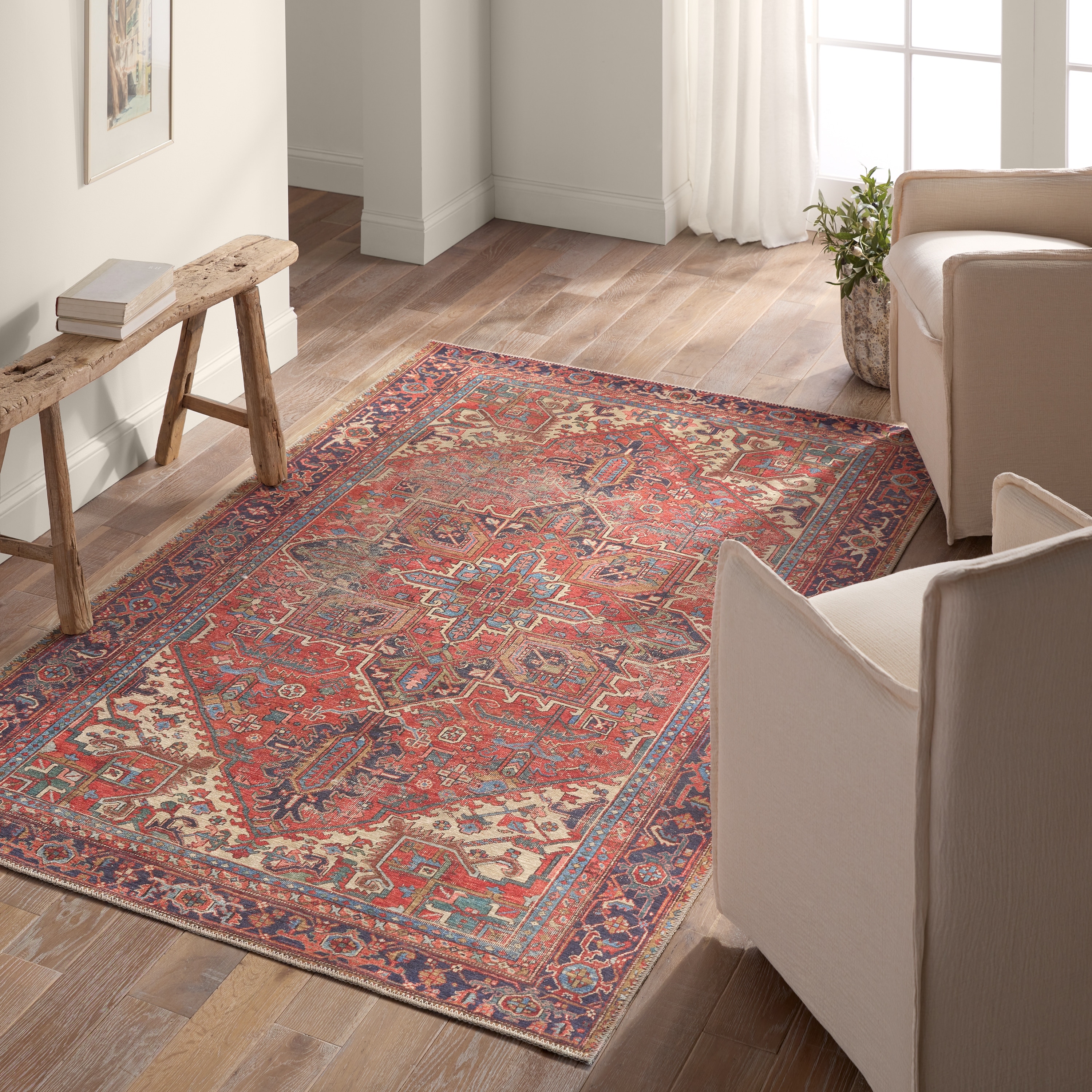 Lucinda Machine Washable Medallion Red/Blue Rug - On Sale - Bed