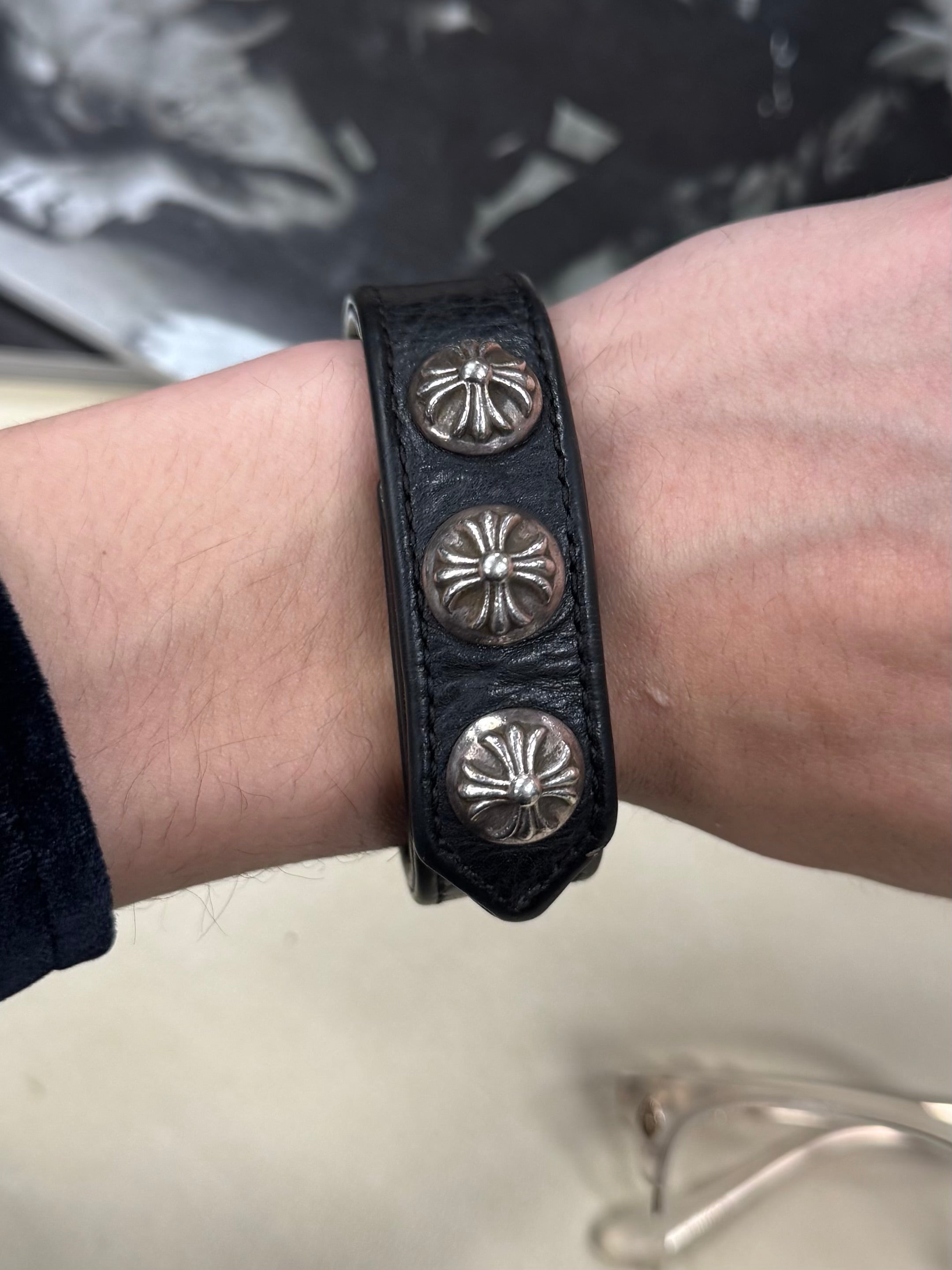 Chrome Hearts 'Cross Ball' Button Snap 925 Silver Leather Cuff