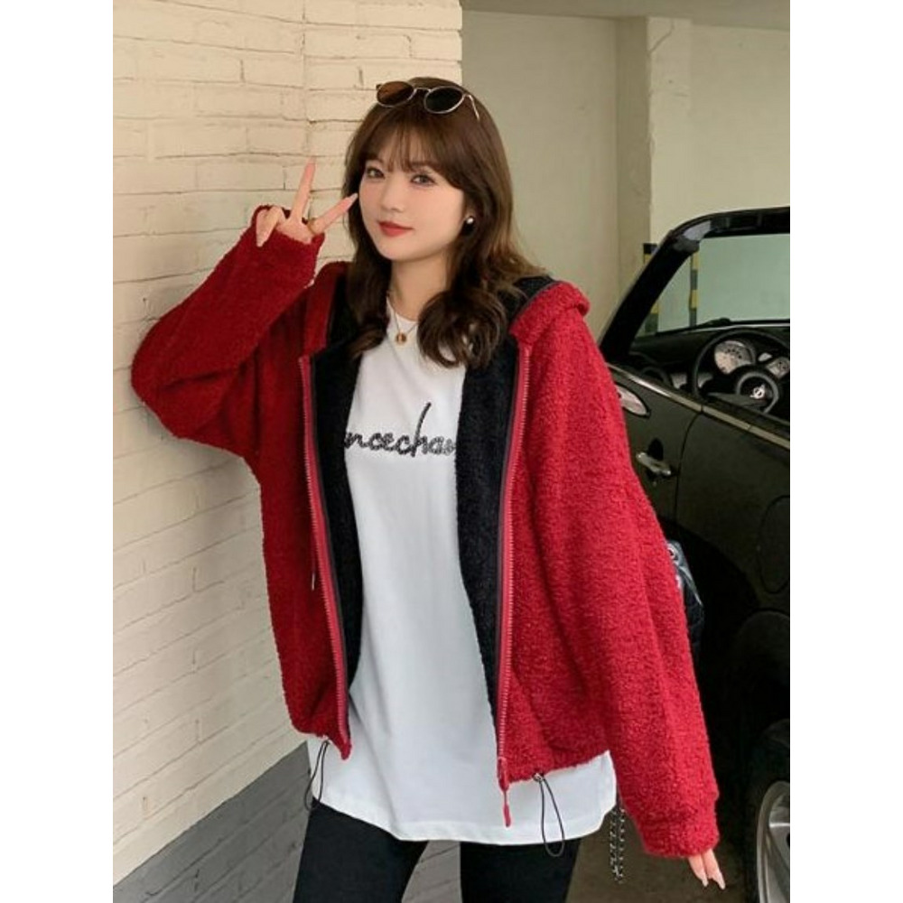 耳付きのアニマル風フードが可愛い！両面ボアフリースブルゾン 大きい