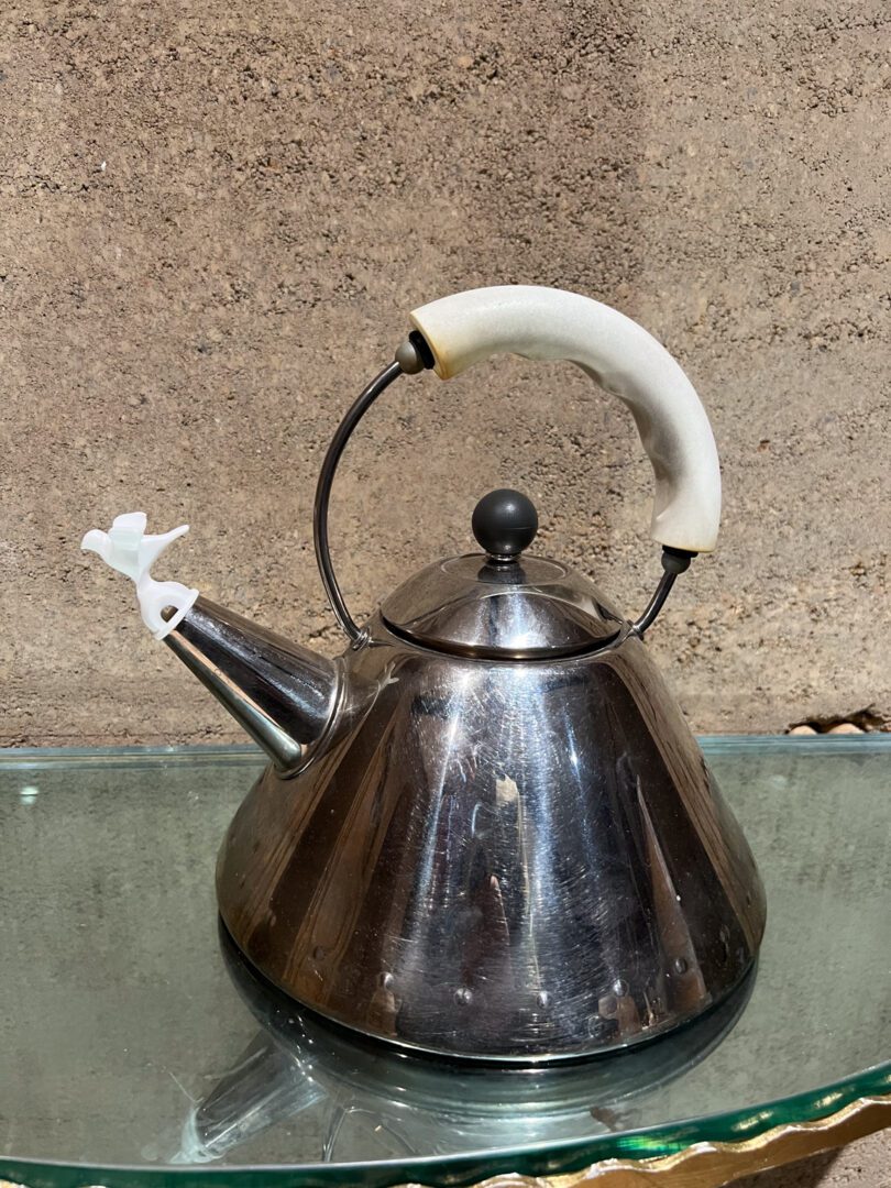 1980s Vintage Alessi Tea Kettle Stainless and White Italy - Ambianic