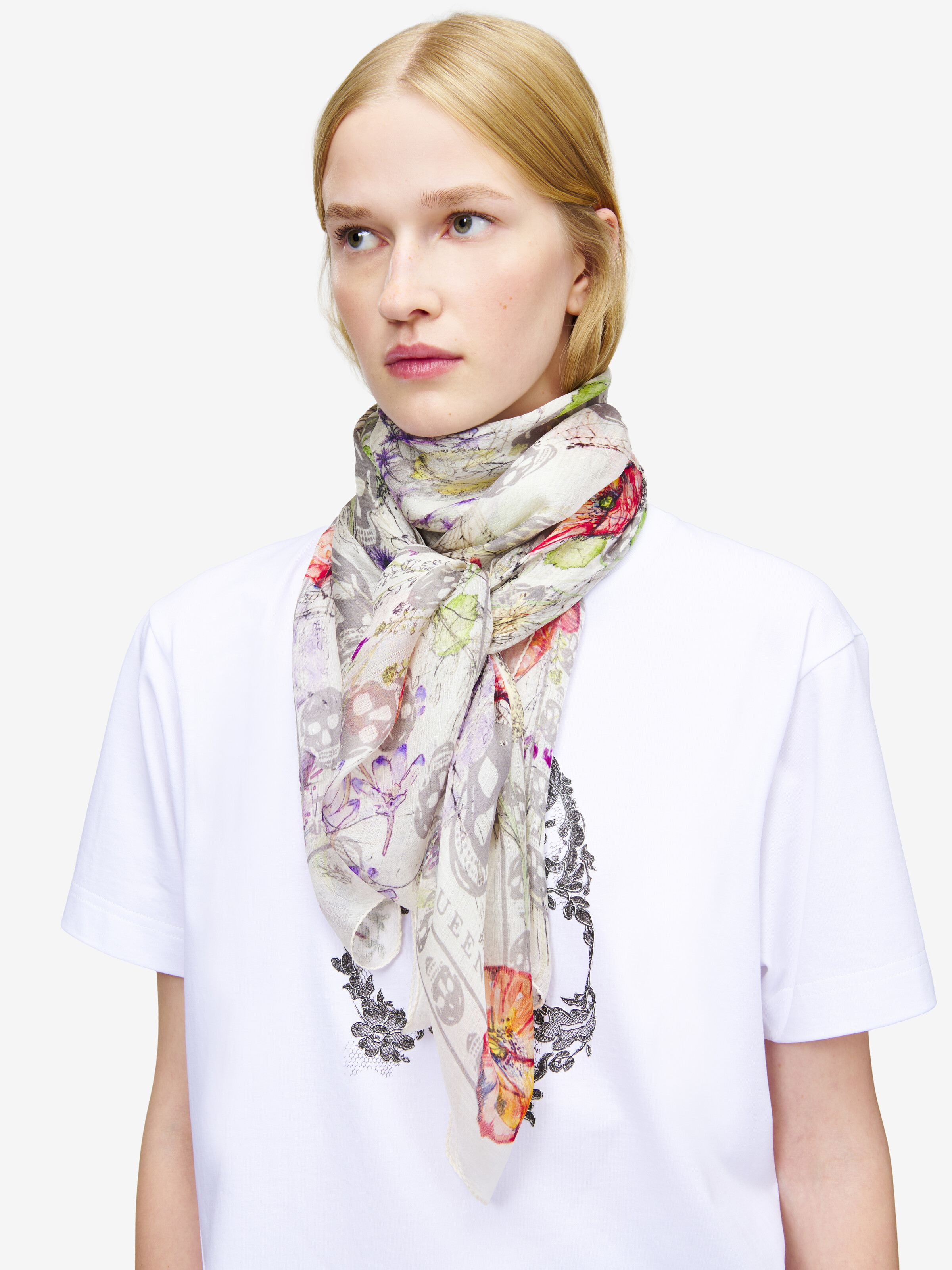 Women's Skull & Spider Floral Scarf in Ivory/Grey | McQueen US