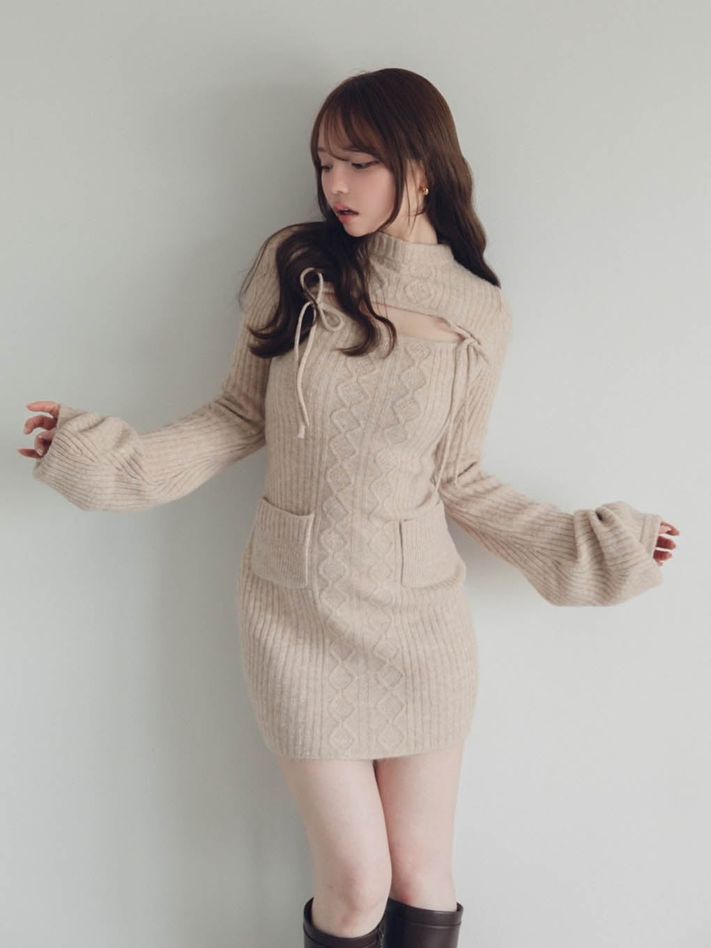 ANDMARY Fur pocket mini dress ベージュ ANDMARY】Fur pocket mini dress