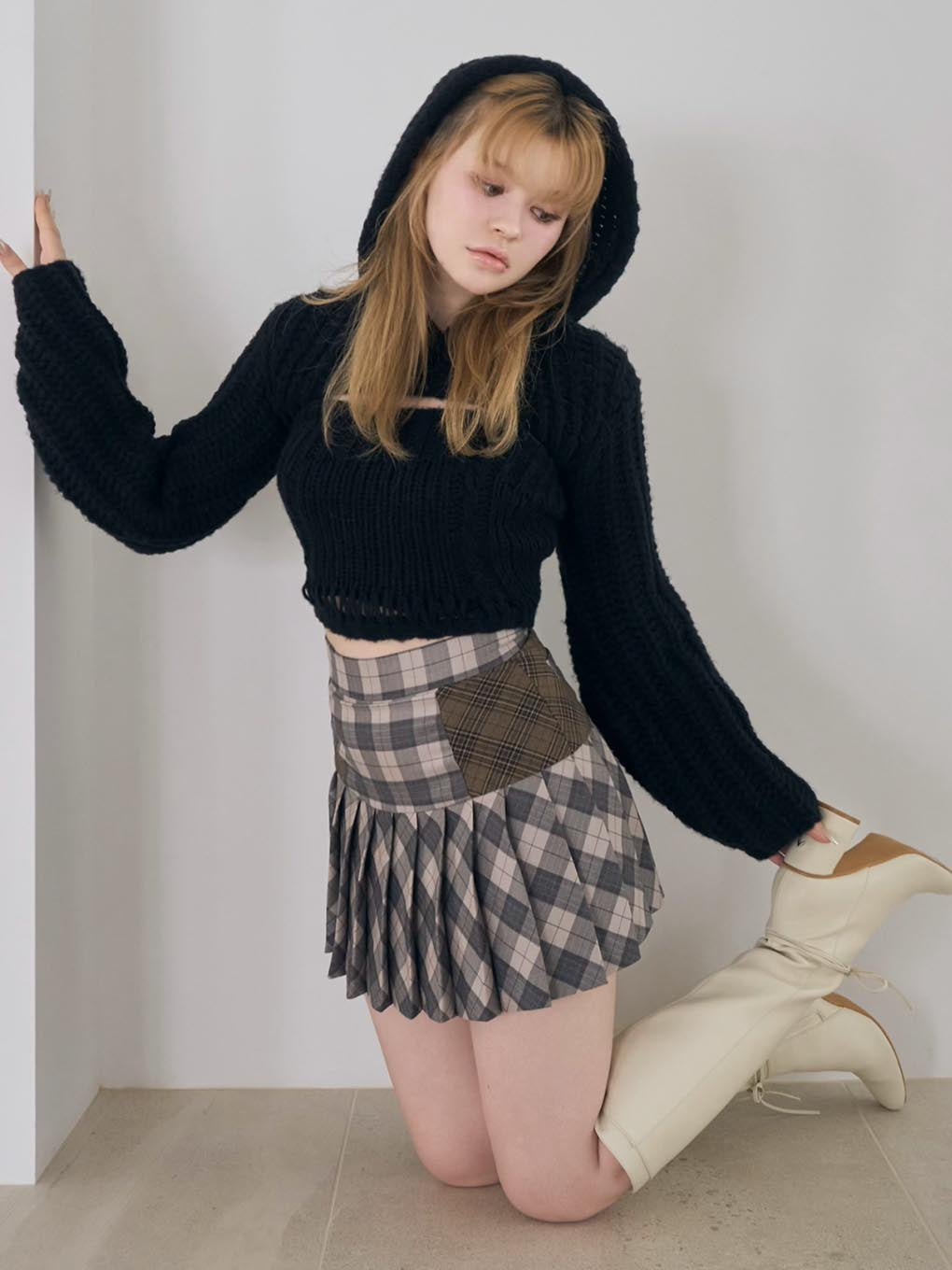 正規品 S Coco check pleats skirt pink beige