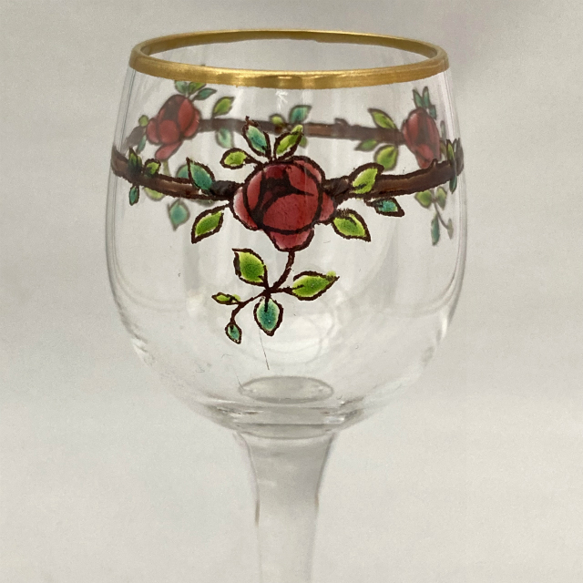 オールドバカラ「エナメル装飾 薔薇文様 リキュールグラス 高さ12.7cm