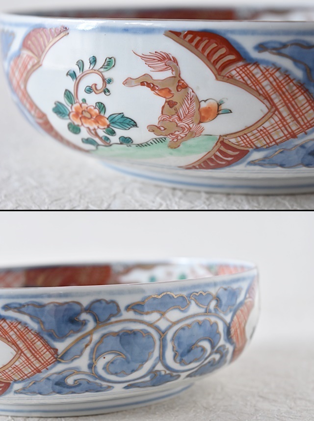 江戸後期 古伊万里 色絵金瓢箪文輪花形向付 五客 ○×高台 小鉢 蕎麦